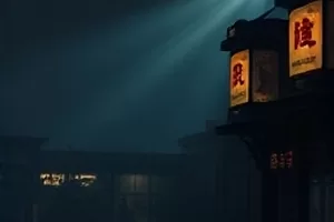 唱片店木架上密排的黑胶唱片,一张被抽出半截