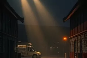 层叠山脊在云海之上依次显影,画面边缘留有胶片颗粒